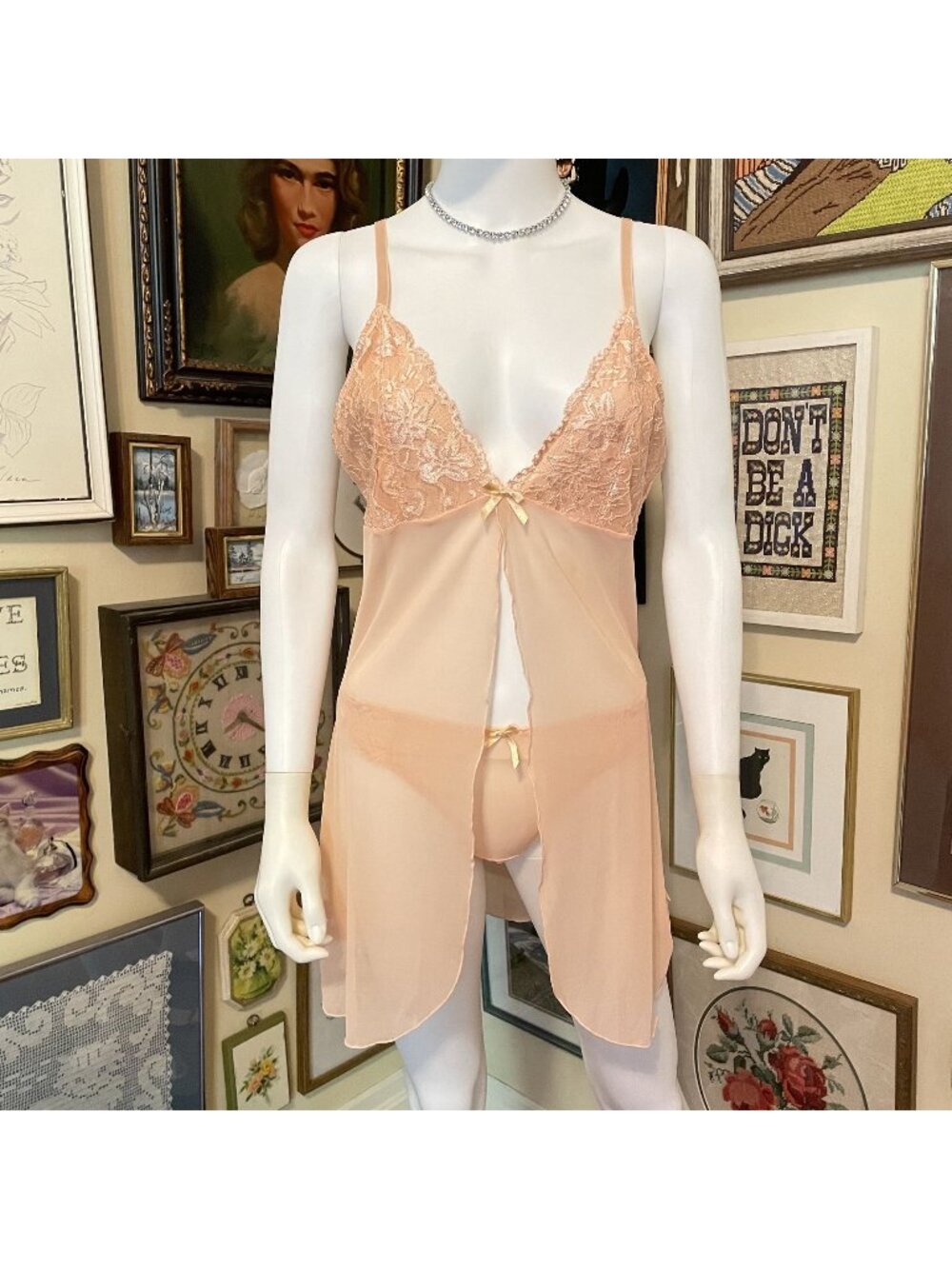 Sheer Peach Babydoll Lingerie Set With Lace Detail & Thong Size L